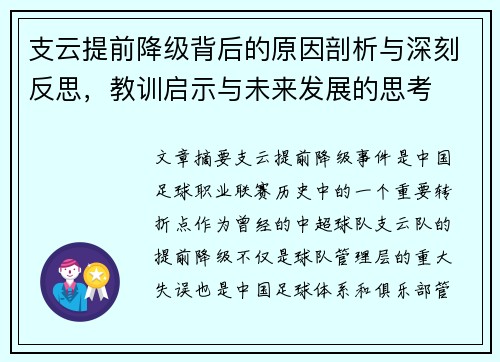 支云提前降级背后的原因剖析与深刻反思，教训启示与未来发展的思考